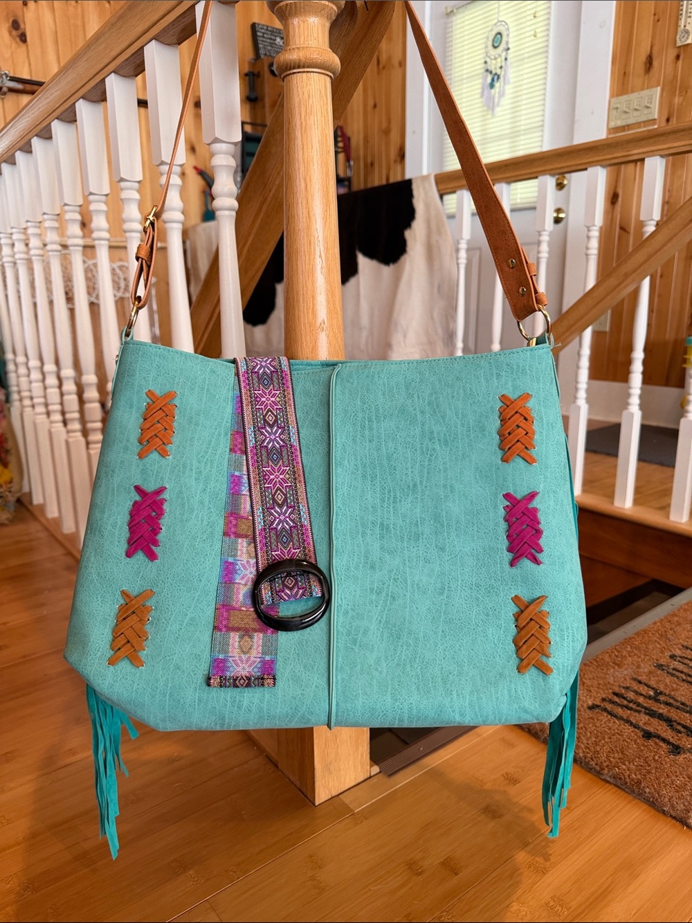 Turquoise Fringe Crossbody vegan leather Bag with Embroidered details